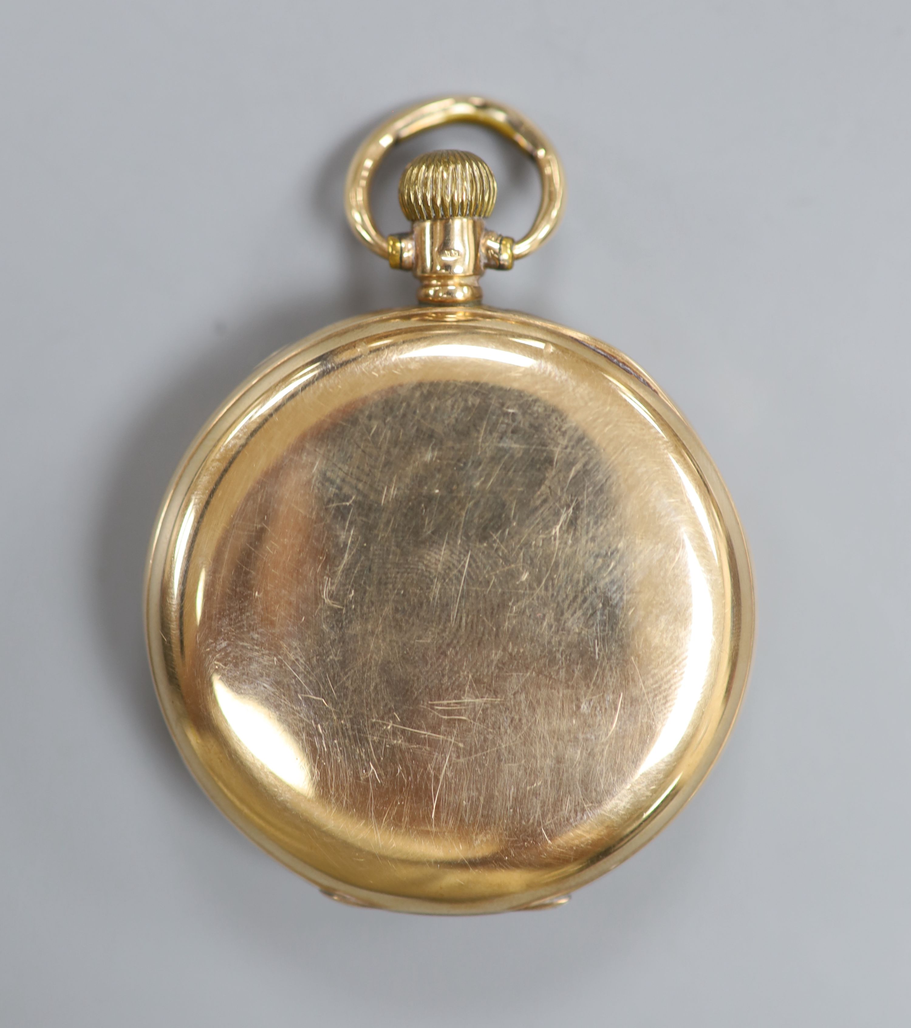 A George V 9ct gold open face keyless lever pocket watch, retailed by T. Ching, Dover, case diameter 48mm, gross 74 grams.